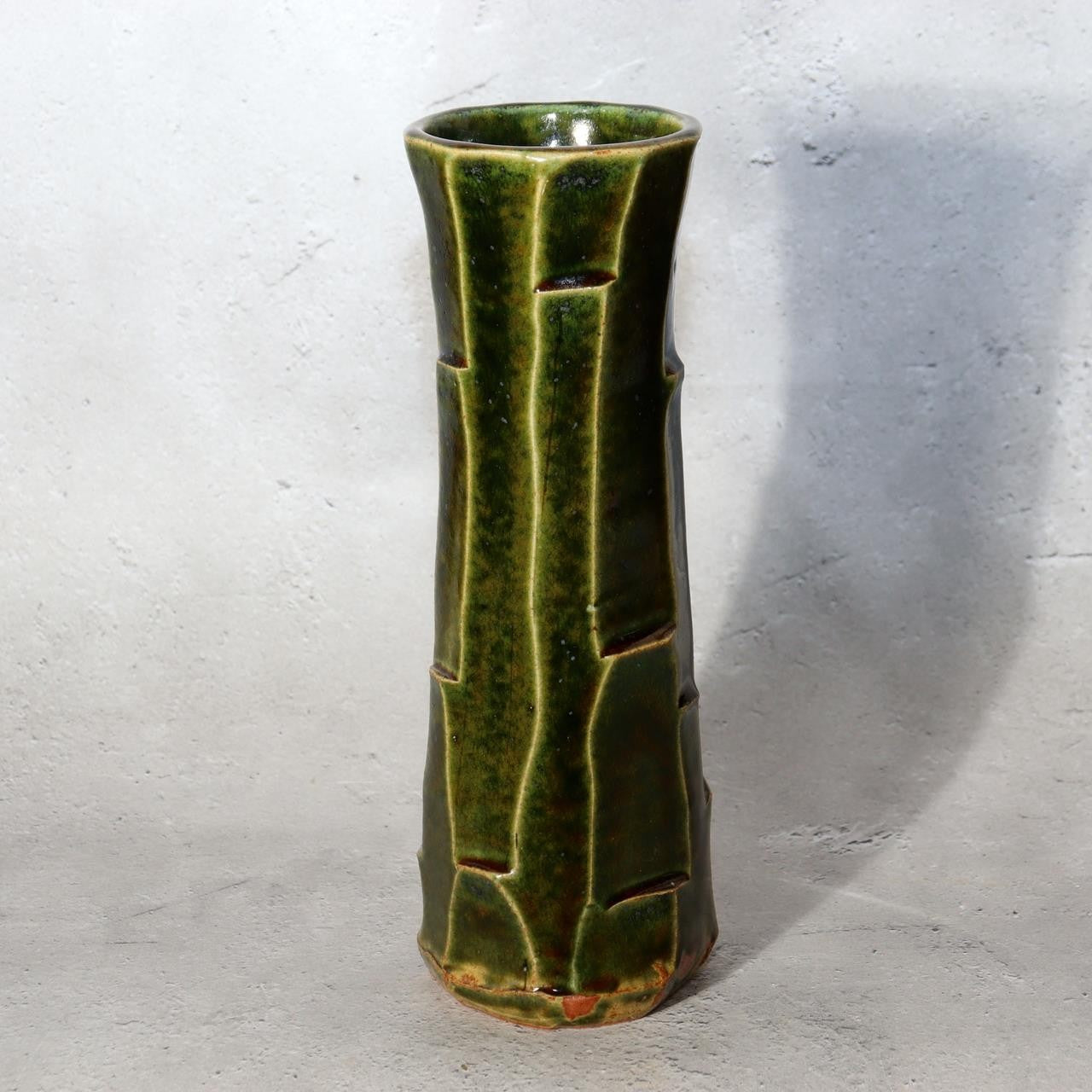 Japanese Vintage Oribe Ware Vase Kita Gama Kiln Abstract Forest Design 24cm1