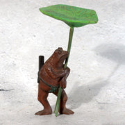 Vintage Japanese Wood Carved Frog with Lotus Leaf Umbrella – WO6550