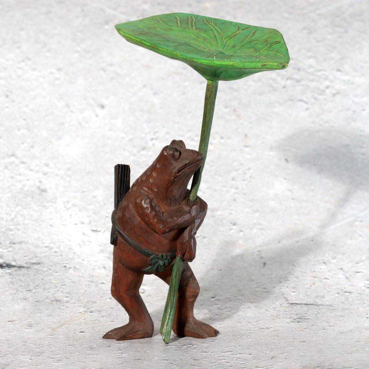 Vintage Japanese Wood Carved Frog with Lotus Leaf Umbrella – WO6550