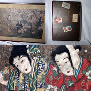 Vintage Japanese Byobu 2 Panel Room Divider Painted Figures Floral16