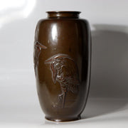 Antique Japanese Bronze Vase with Three Herons – Dated Wooden Box, 19312