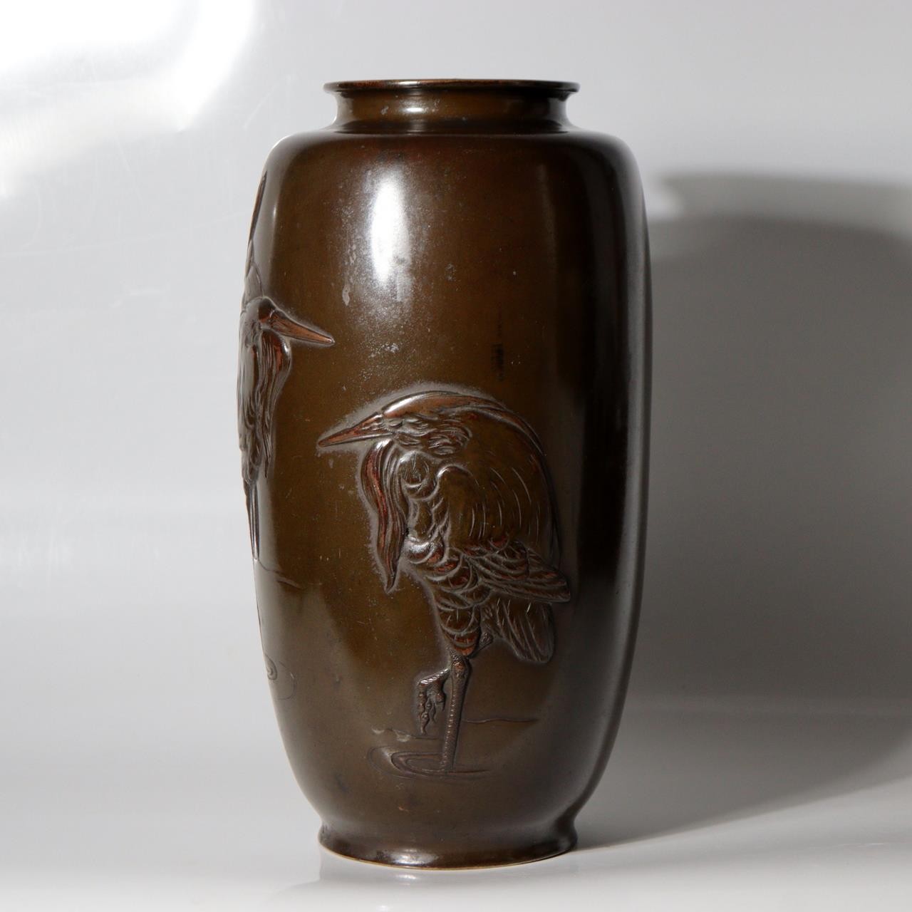 Antique Japanese Bronze Vase with Three Herons – Dated Wooden Box, 19312