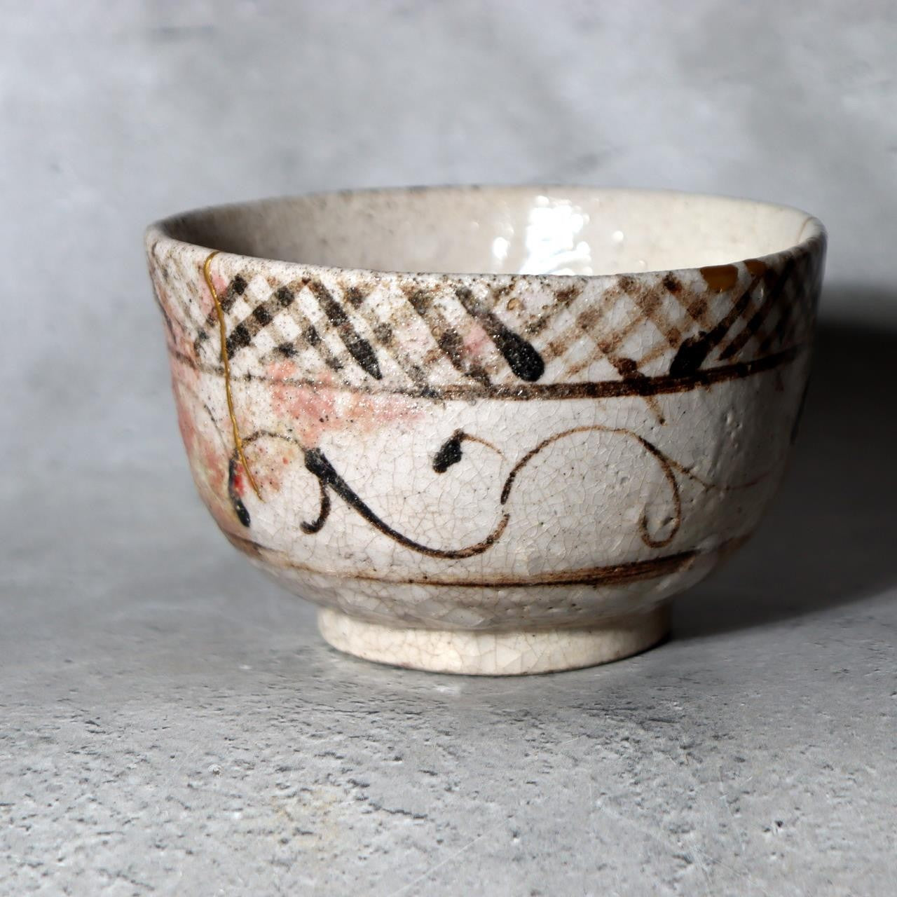Japanese Antique E-Seto Tea Bowl Seto-Mino Ware End Edo Period Kintsugi Repair0