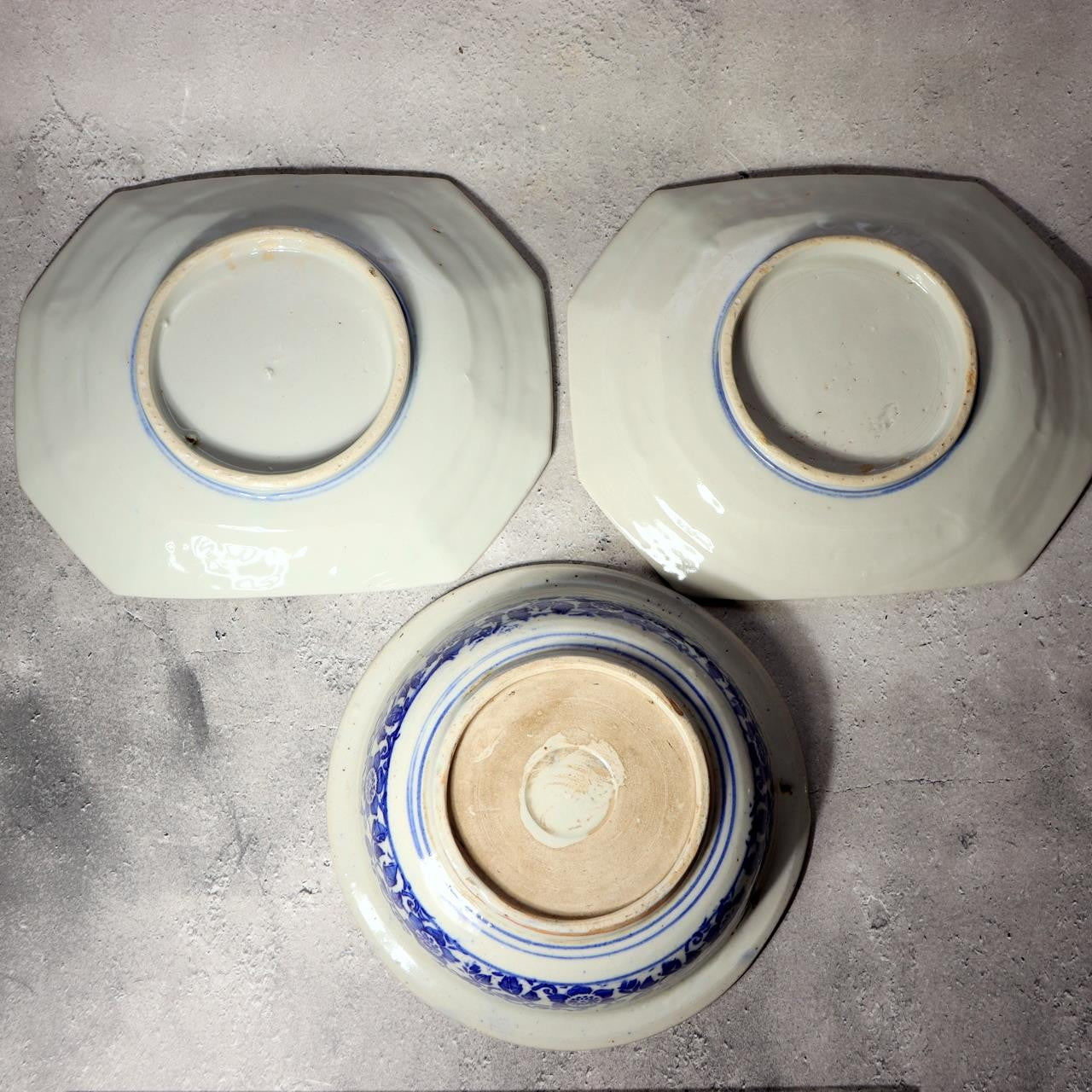 Antique Japanese Imari Transferware Set Rabbit Wave Bowl & Two Rooster Dishes2