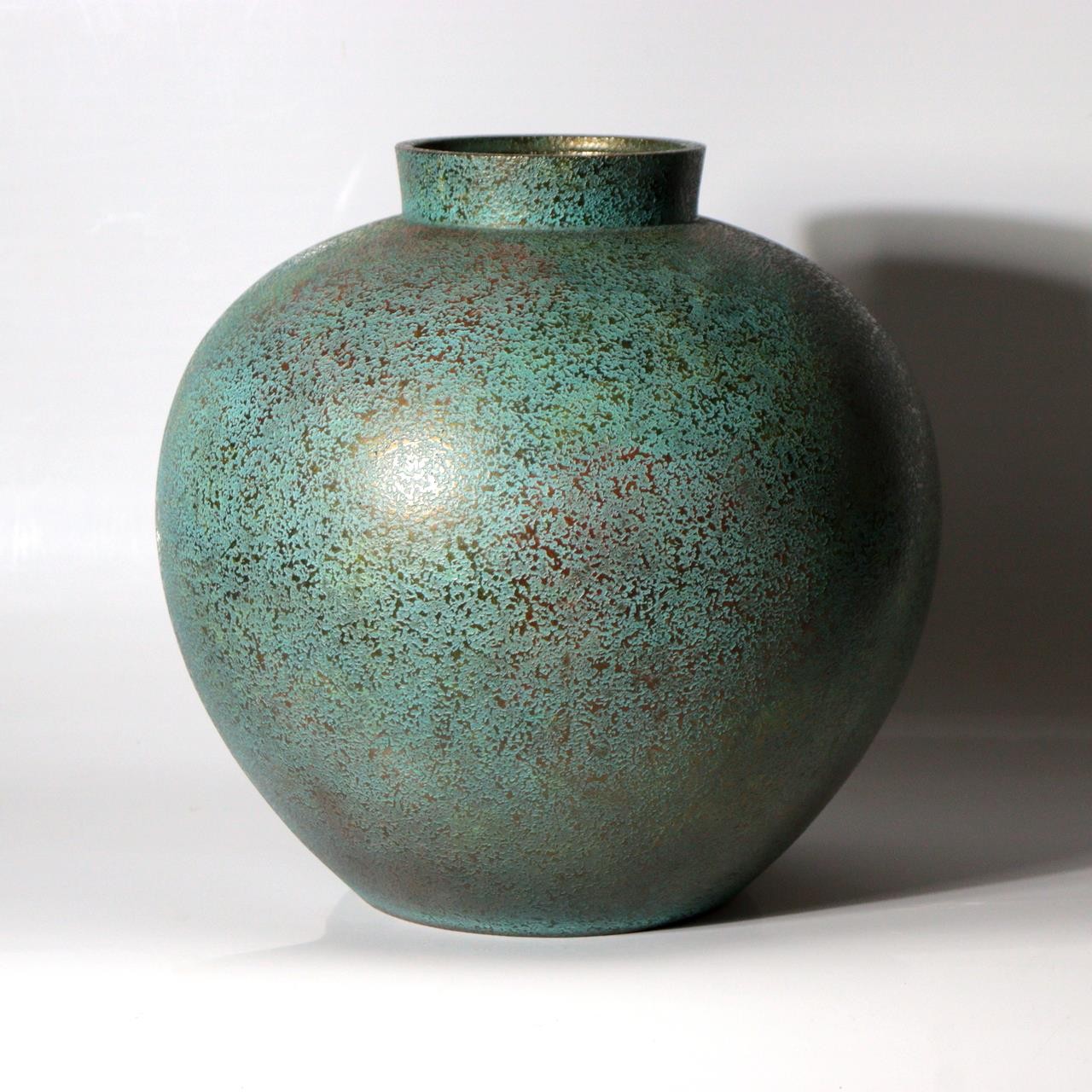 Vintage Japanese Cast Bronze Vase Blue Gold Mottled Patina Tomobako BV7845