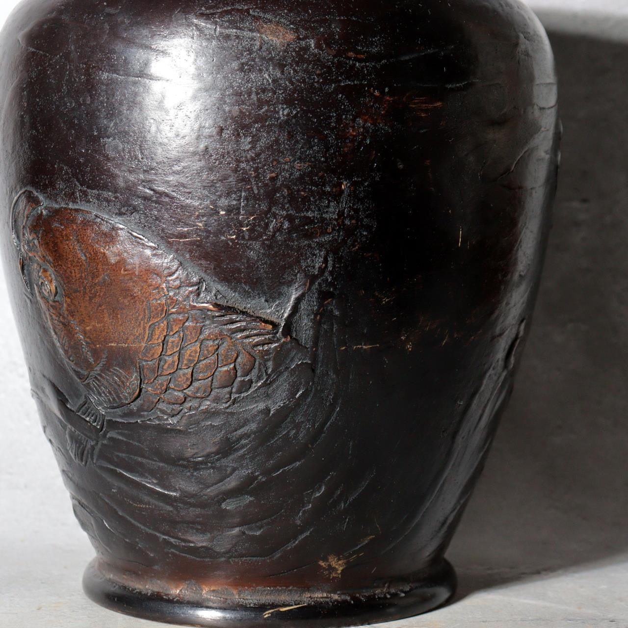 Antique Japanese Takaoka Bronze Vase Hozan Twin Koi Lotus Pond BV774-220