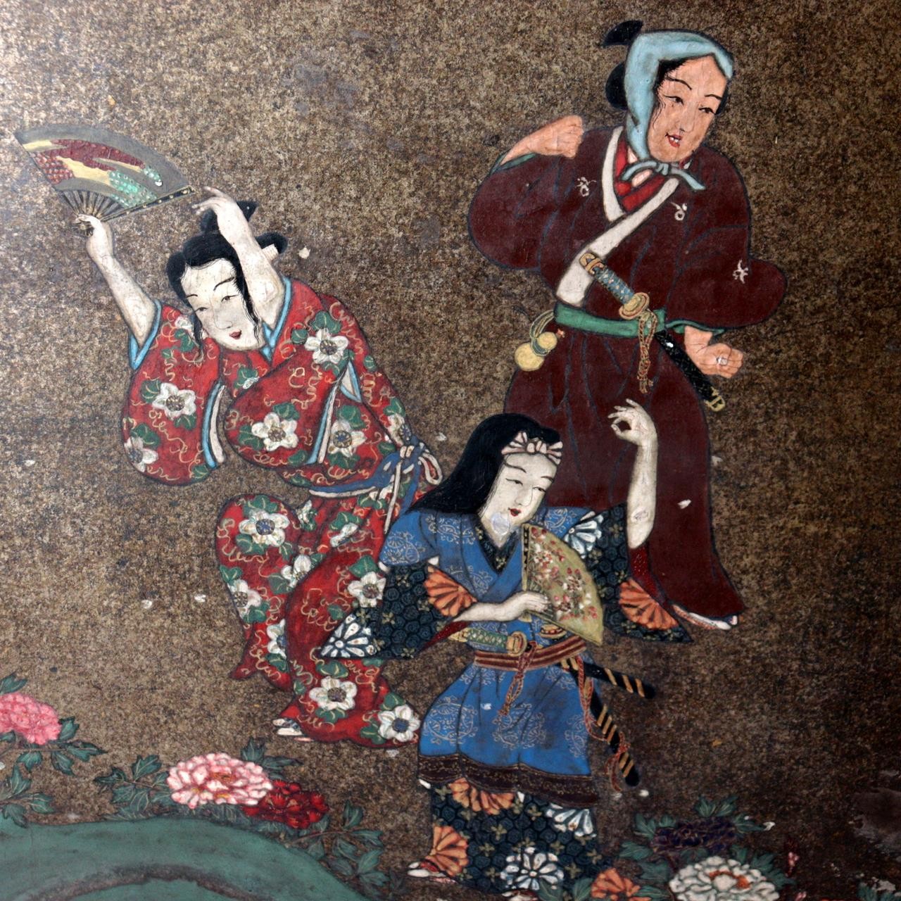 Vintage Japanese Byobu 2 Panel Room Divider Painted Figures Floral2