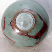 Japanese Takaoka Bronze Flat Round Vase Kankei Hanya Mottled Patina Tomobako2