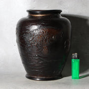 Antique Japanese Takaoka Bronze Vase Hozan Twin Koi Lotus Pond BV774-24