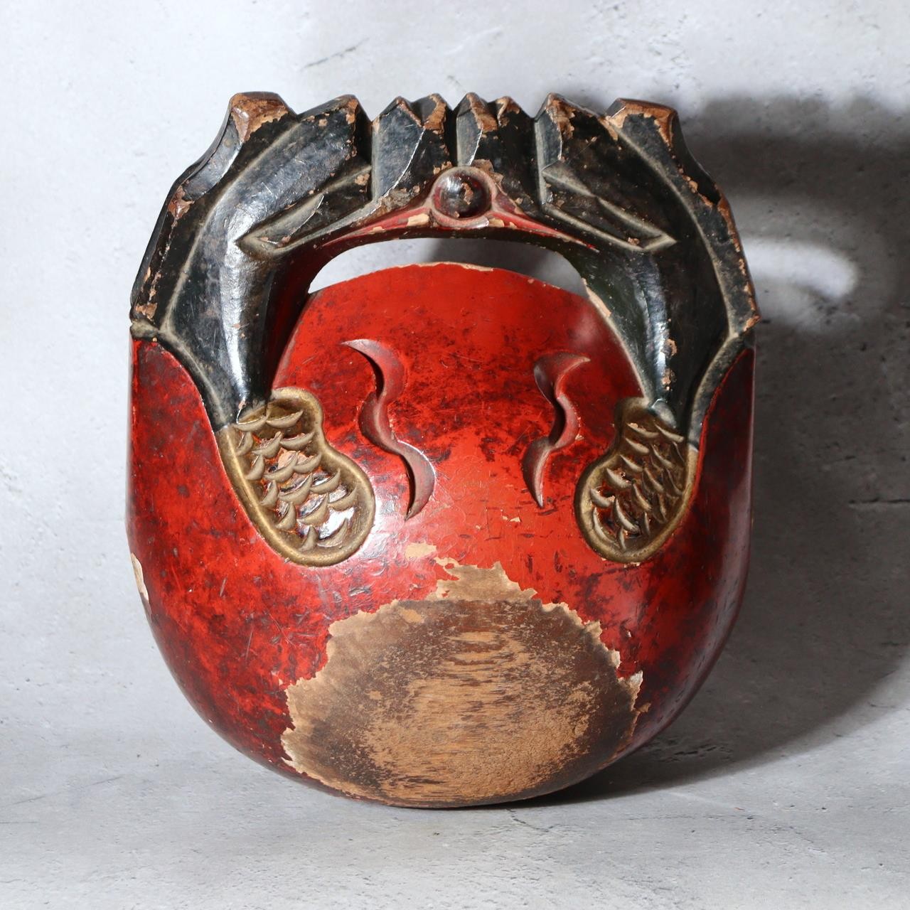 Antique Japanese Buddhist Mokugyo Temple Wood Block Drum Fish Motif Red 22cm0