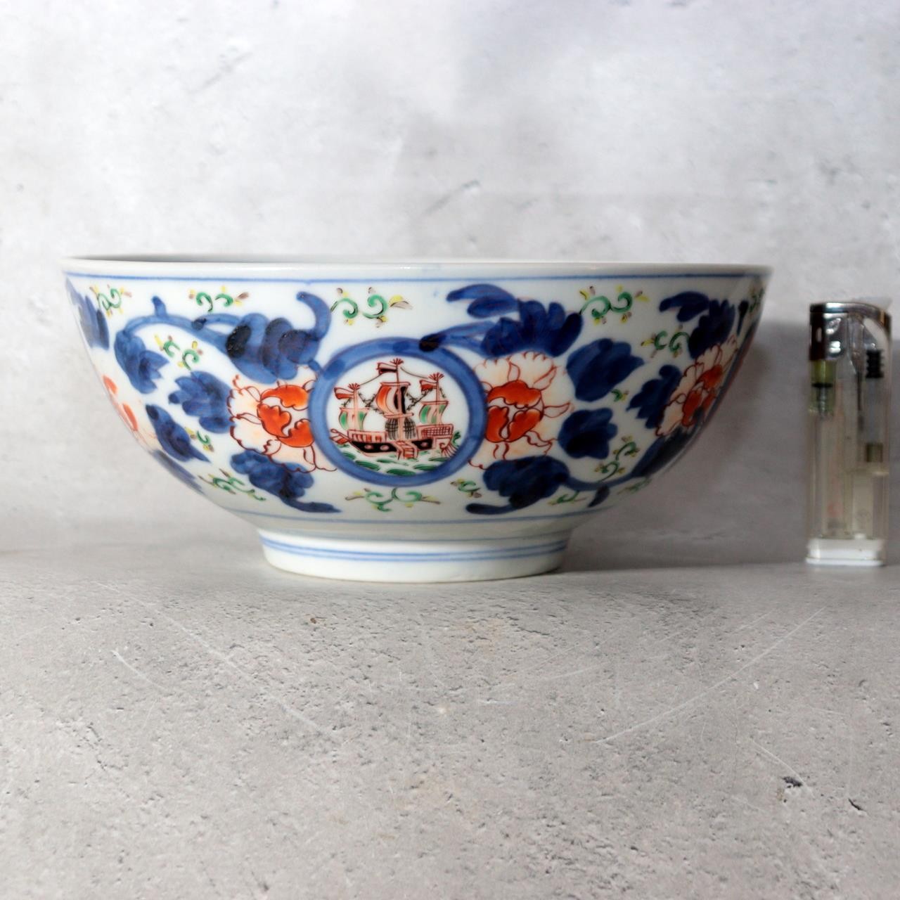 Late Edo Imari Iroe Porcelain Bowl Plate Nanbanjin Foreigners Ships PV3161