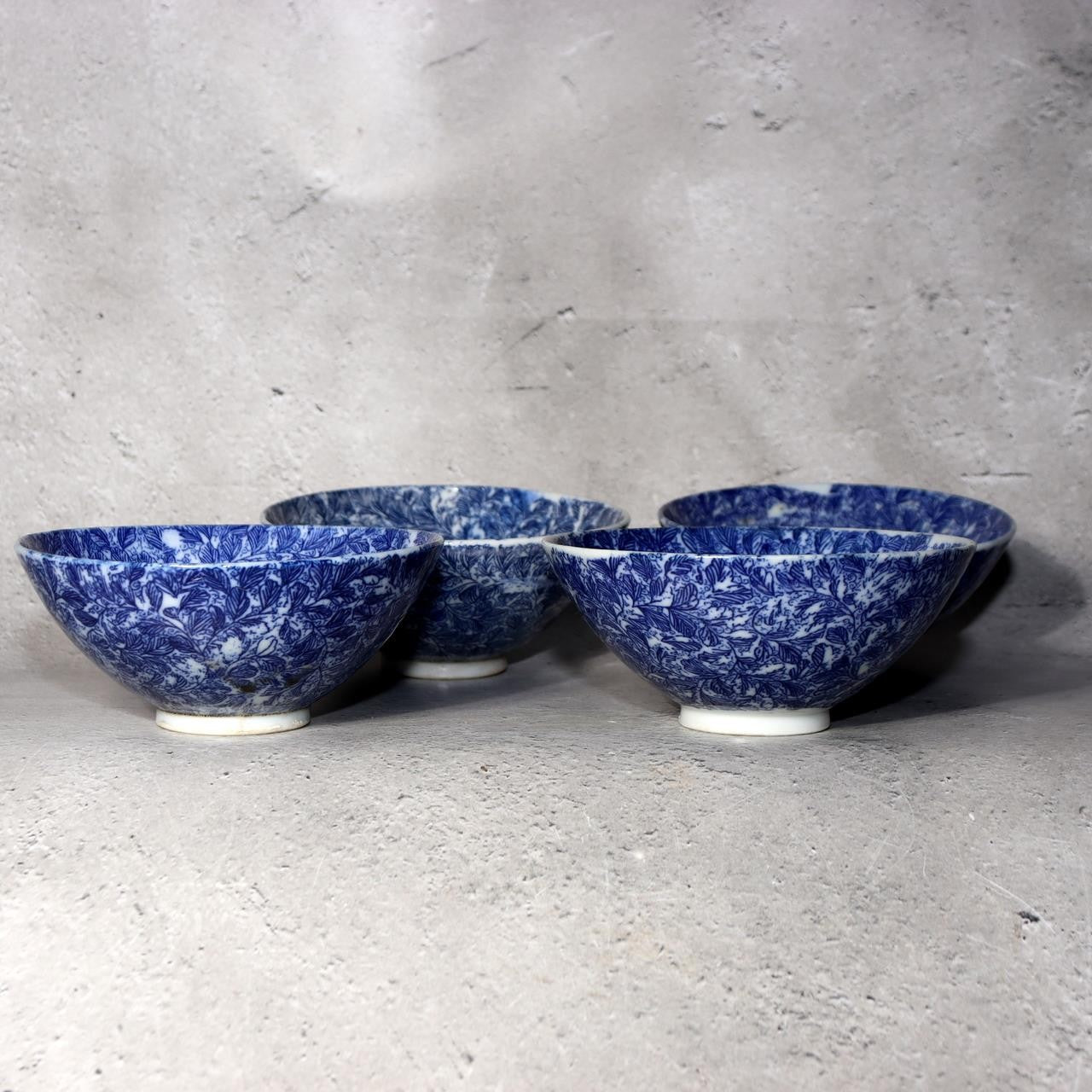 Antique Japanese Imari Rice Bowls Set 4 Inban Transferware Blue Fern Meiji IP1290