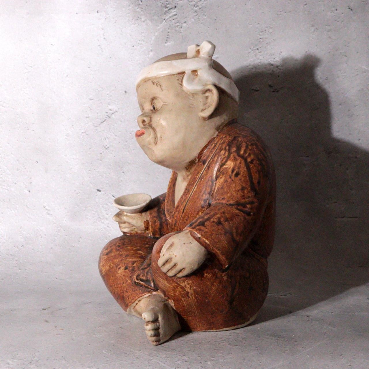 Vintage Japanese Shigaraki Ware Ceramic Figurine Hyottoko Sake Drinker PCP3101