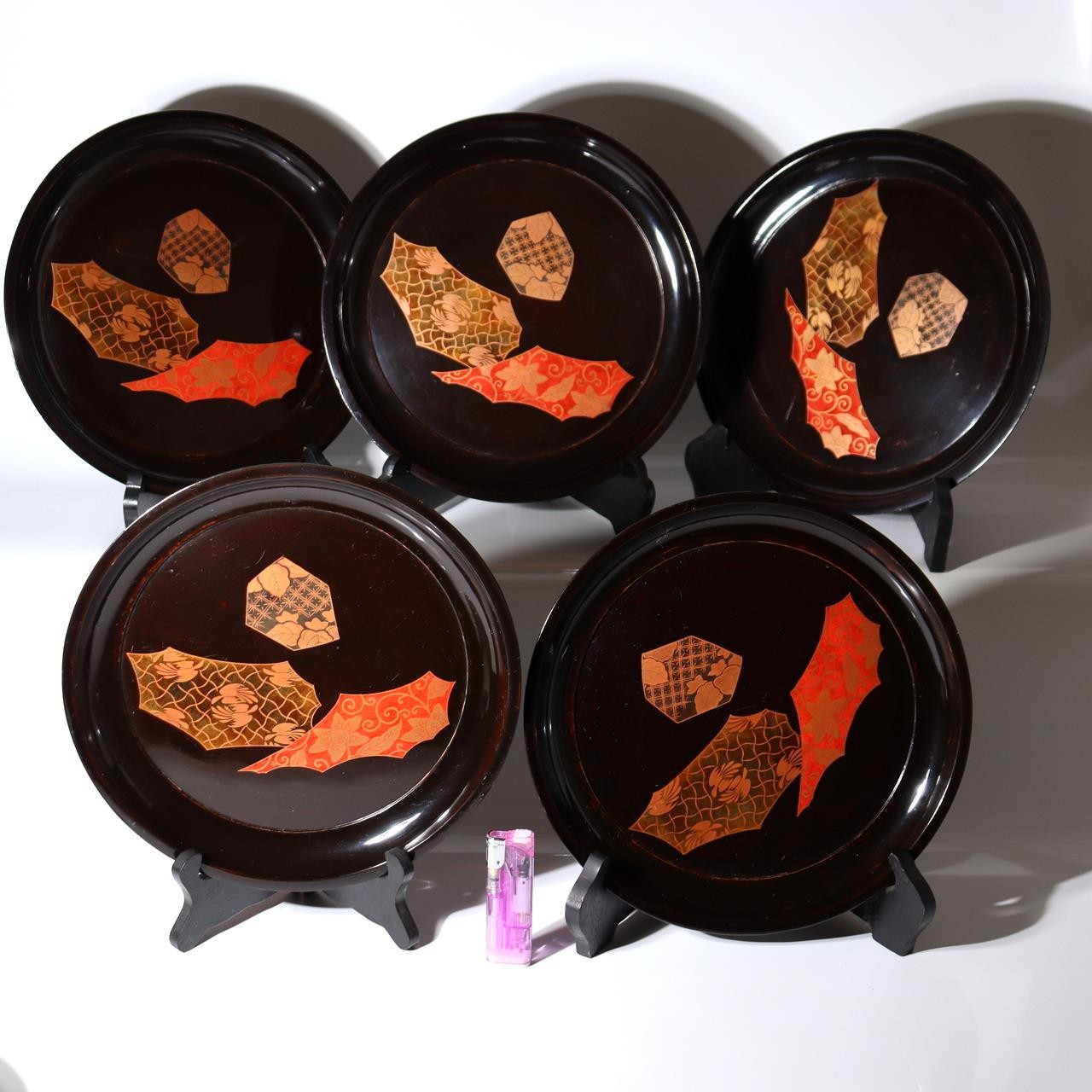 Set of 5 Japanese Lacquer Plates Juganji Temple Maki-e Gold Urushi Serving Set0