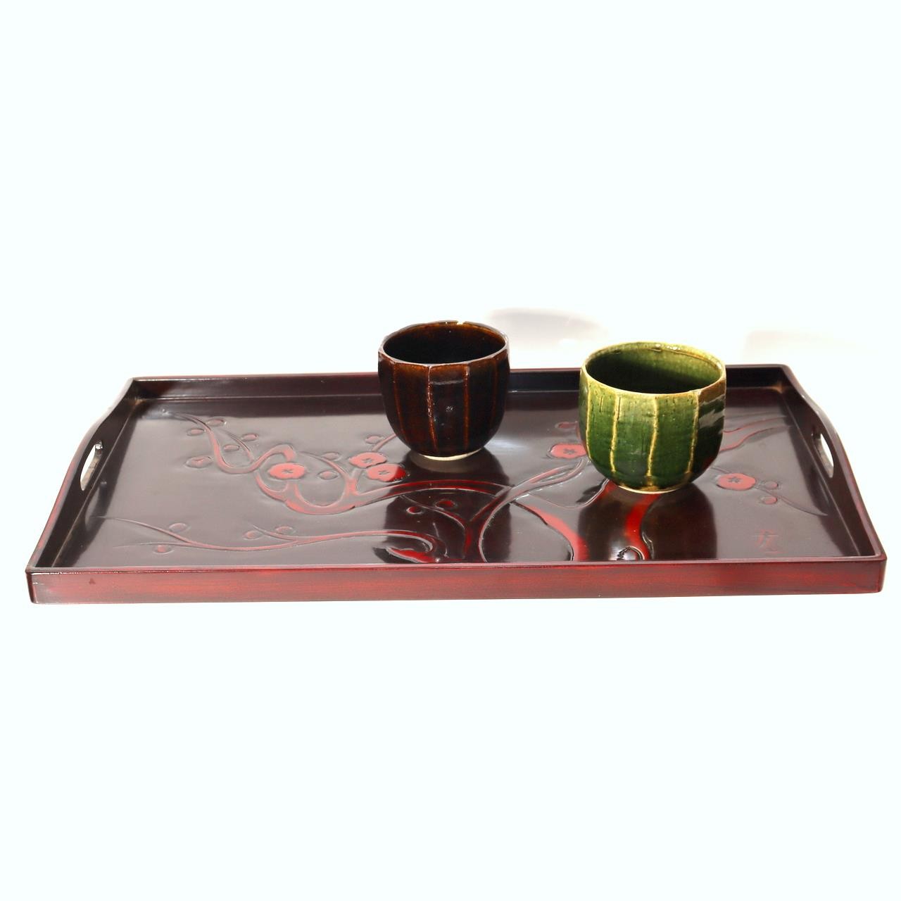 Japanese Lacquer Tray Set 2pc Tsuishu Carved Plum Rectangular Round WO5495
