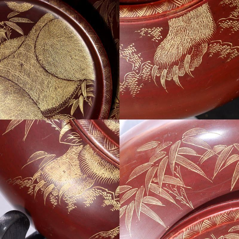 Vintage Japanese Lacquerware Large Lidded Bowl Neko Tora Tiger Bamboo WO60214