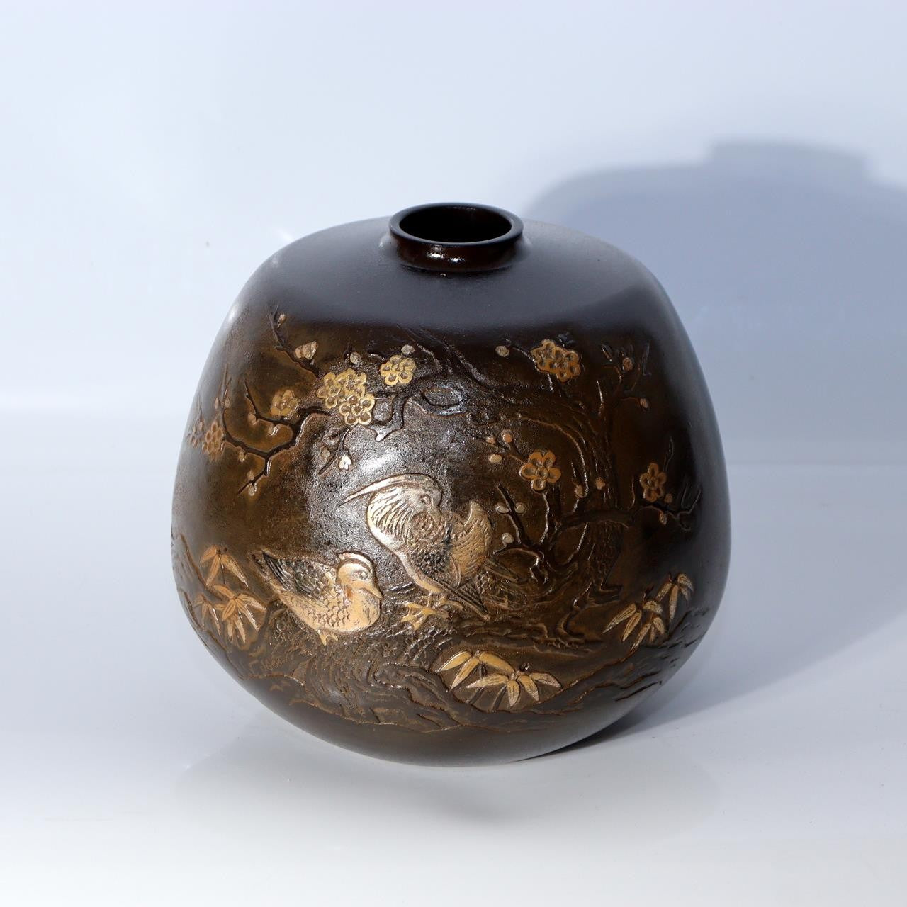 Vintage Takaoka Bronze Vase Ryusen Mandarin Duck Plum Bamboo Pattern BV7600