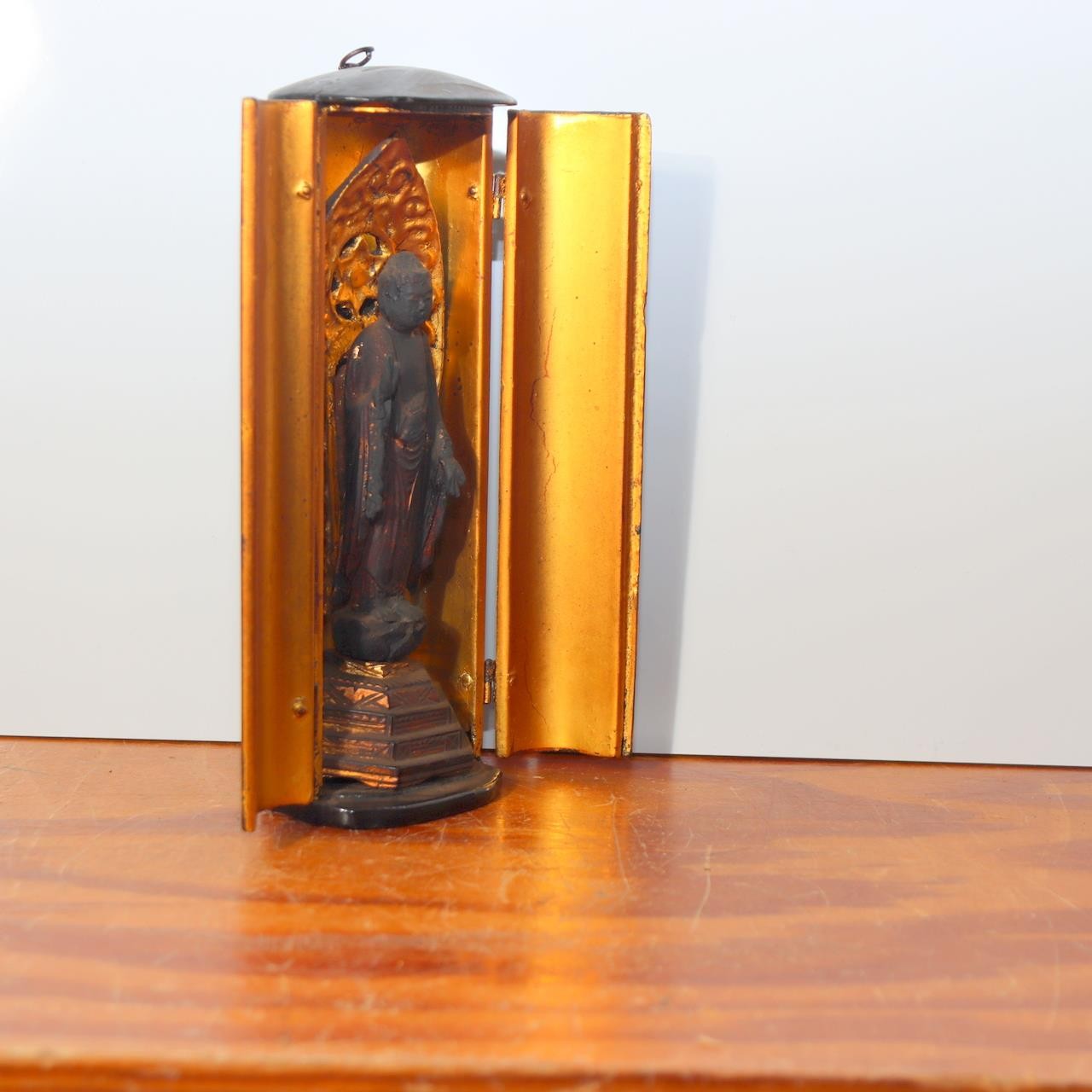 Antique Japanese Wood-Carved Standing Amida Nyorai Buddha Statue with Portable4