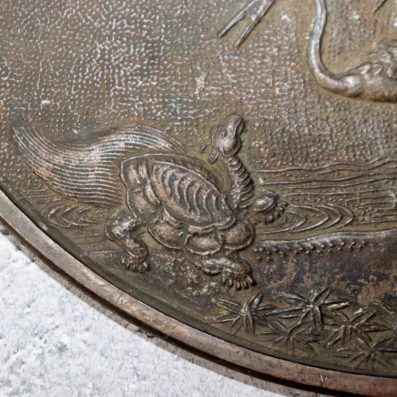 Japanese Antique Bronze Mirror Crane Turtle Pine Tree Tenkaichi Signed 30cm 680g13
