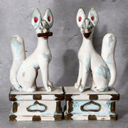 Pair of Vintage Japanese Clay Inari Fox Statues Traditional Gofun Finish Temple0