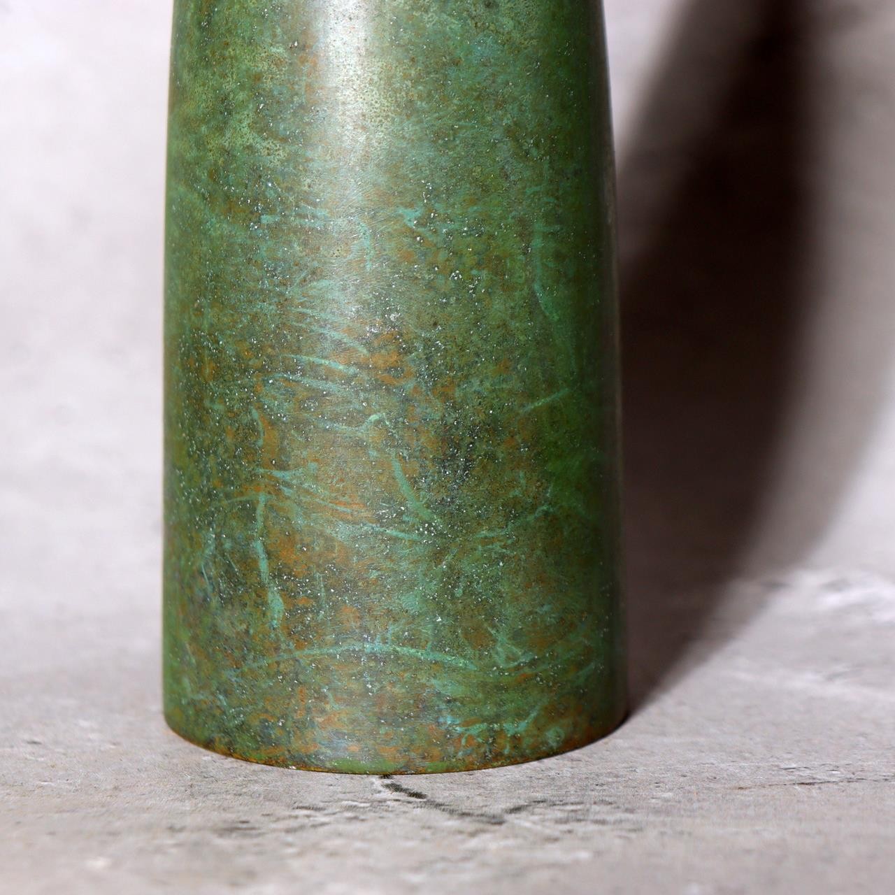 Fujii Soki Japanese Bronze Flower Vase Green Patina Pestle Shape Tomobako BV7199