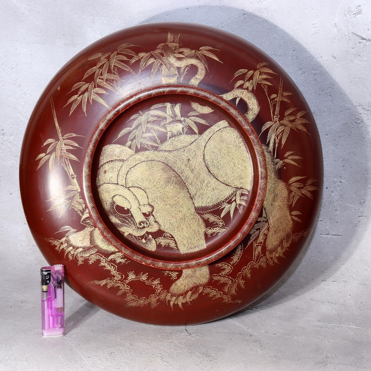 Vintage Japanese Lacquerware Large Lidded Bowl Neko Tora Tiger Bamboo WO6020