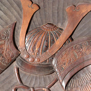 Pre-WWII Japanese Carved Wood Round Tray Samurai Kabuto Helmet Dragon Motif2