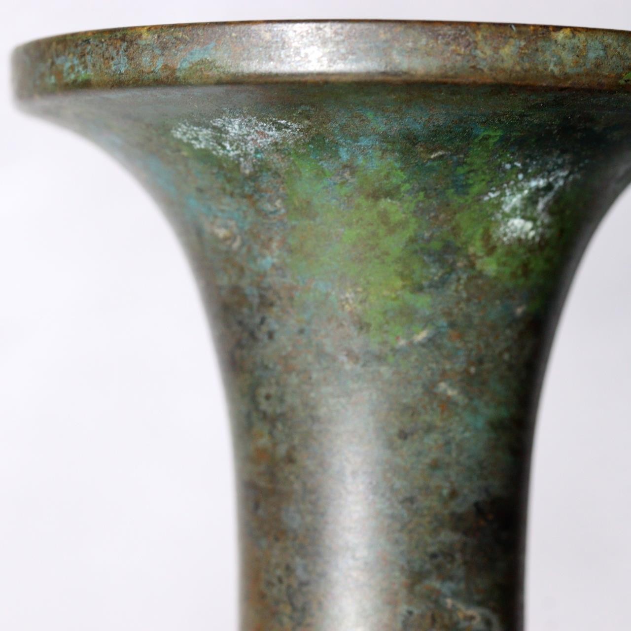 Takaoka Bronze Vase  Gousho Ancient Verdigris Patina Classic Trumpet Neck Japan14
