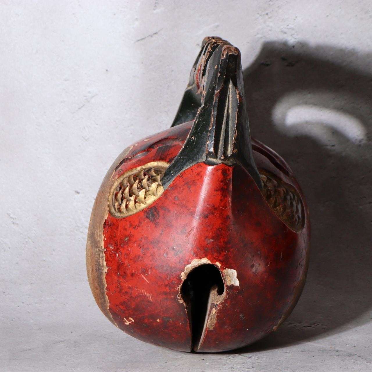 Antique Japanese Buddhist Mokugyo Temple Wood Block Drum Fish Motif Red 22cm1