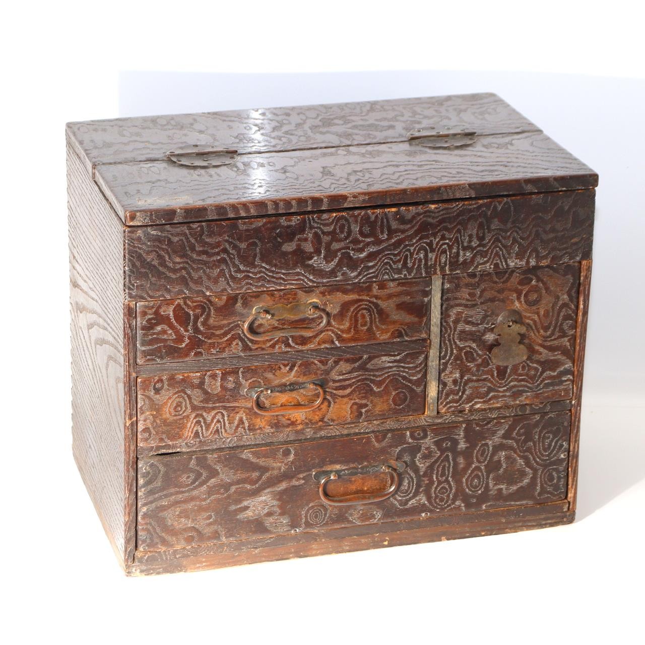 Antique Japanese Haribako Sewing Box Meiji Keyaki/Tamo Wood Brass Hardware Drawe7