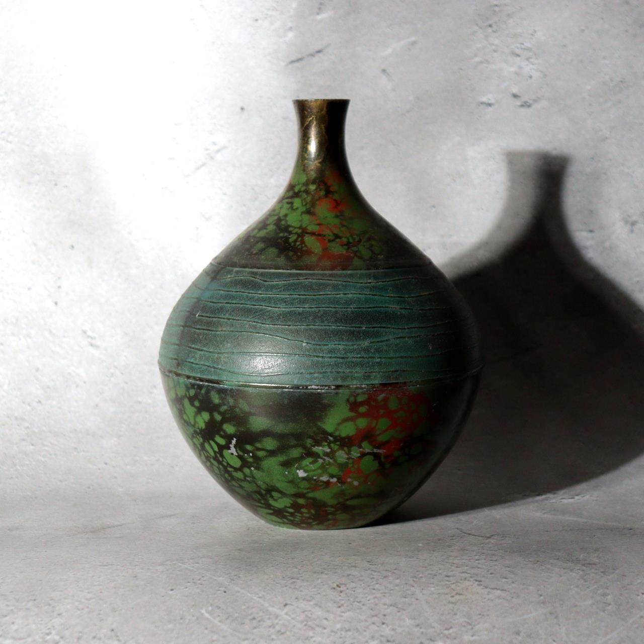 Japanese Metal Alloy Vase Mottled Green Patina Textured Band BV7702