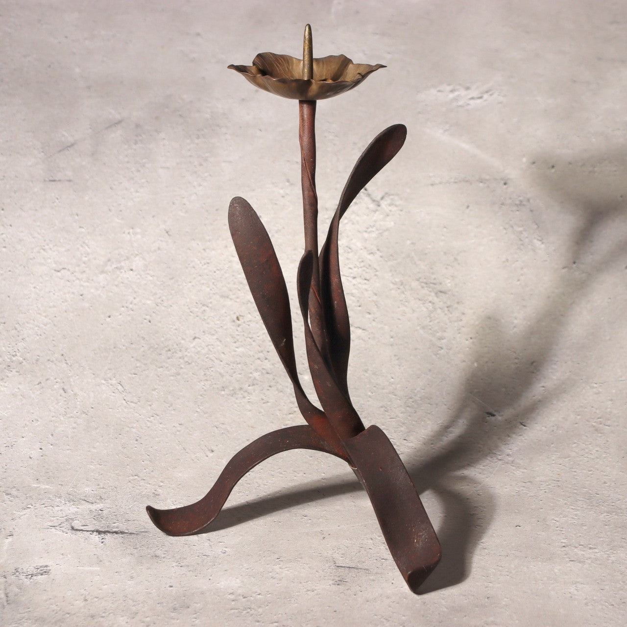 Japanese Antique Candle Stand Teshoku Iron Copper Narcissus Flower Rustic BV7171