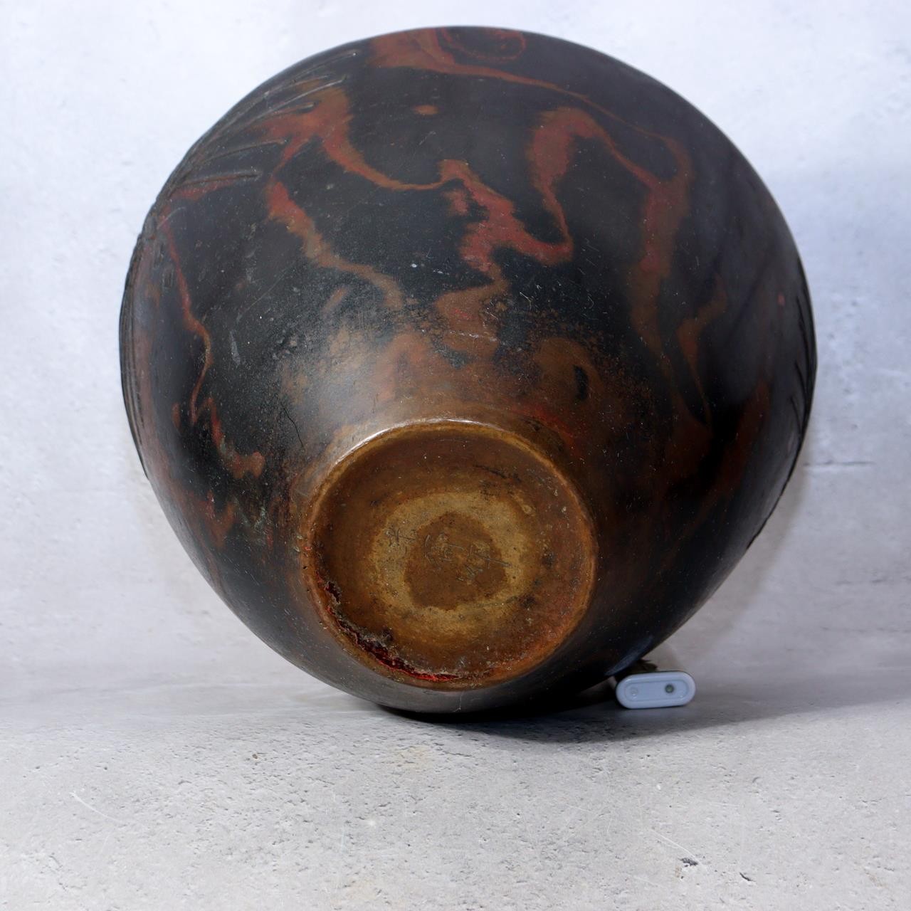 Vintage Japanese Mottled Purple Bronze Vase Signed Beisai Pine Cone Motif5