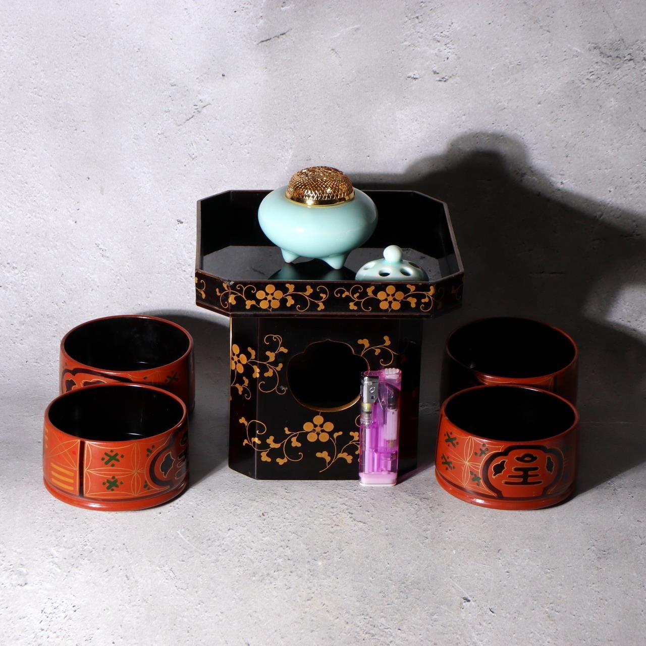 Japanese Buddhist Altar Incense Celadon Koro Burner Maki-e Sanbo Stand Bowls16