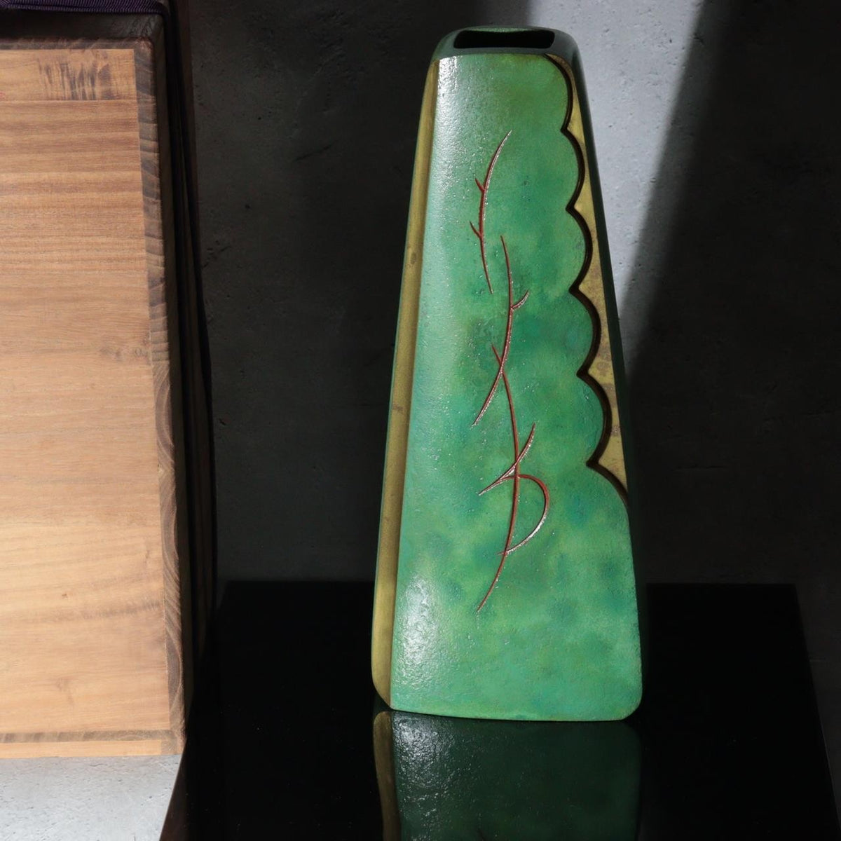 Vintage Japanese Bronze Vase Hassho Neya Churyoku Green Patina with Daiza1