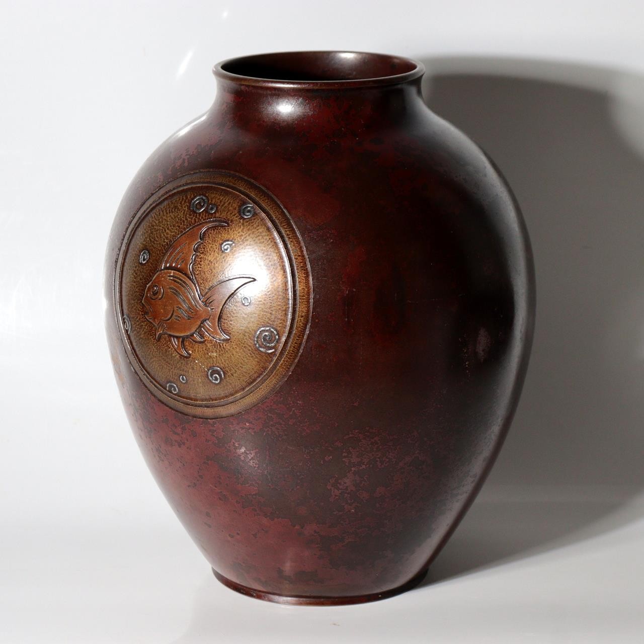Vintage Japanese Copper Vase Silver Inlay Angelfish Motif Bronze BV7852