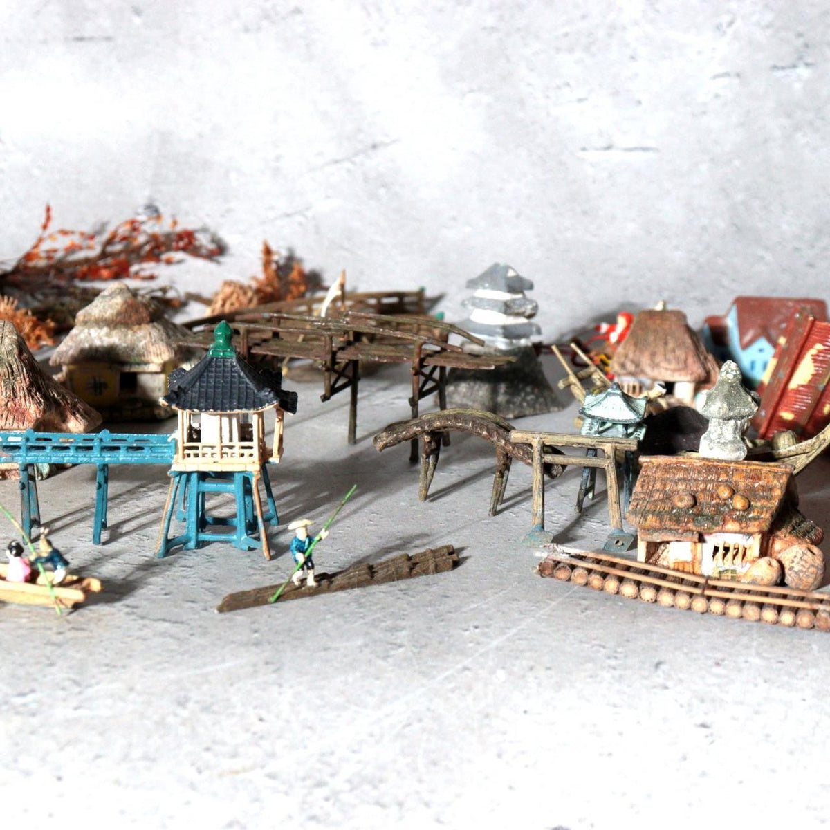 Vintage Japanese Bonkei Tenpai Miniature Figures Trees Suiseki Diorama Set BOSa618