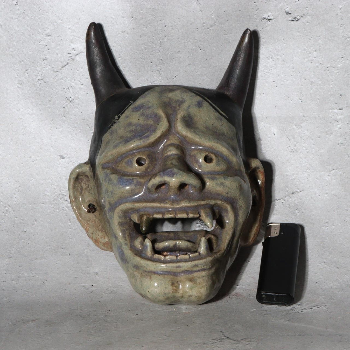 Antique Meiji Showa Mino Ware Ceramic Hannya Mask Shrine Dedication Box3