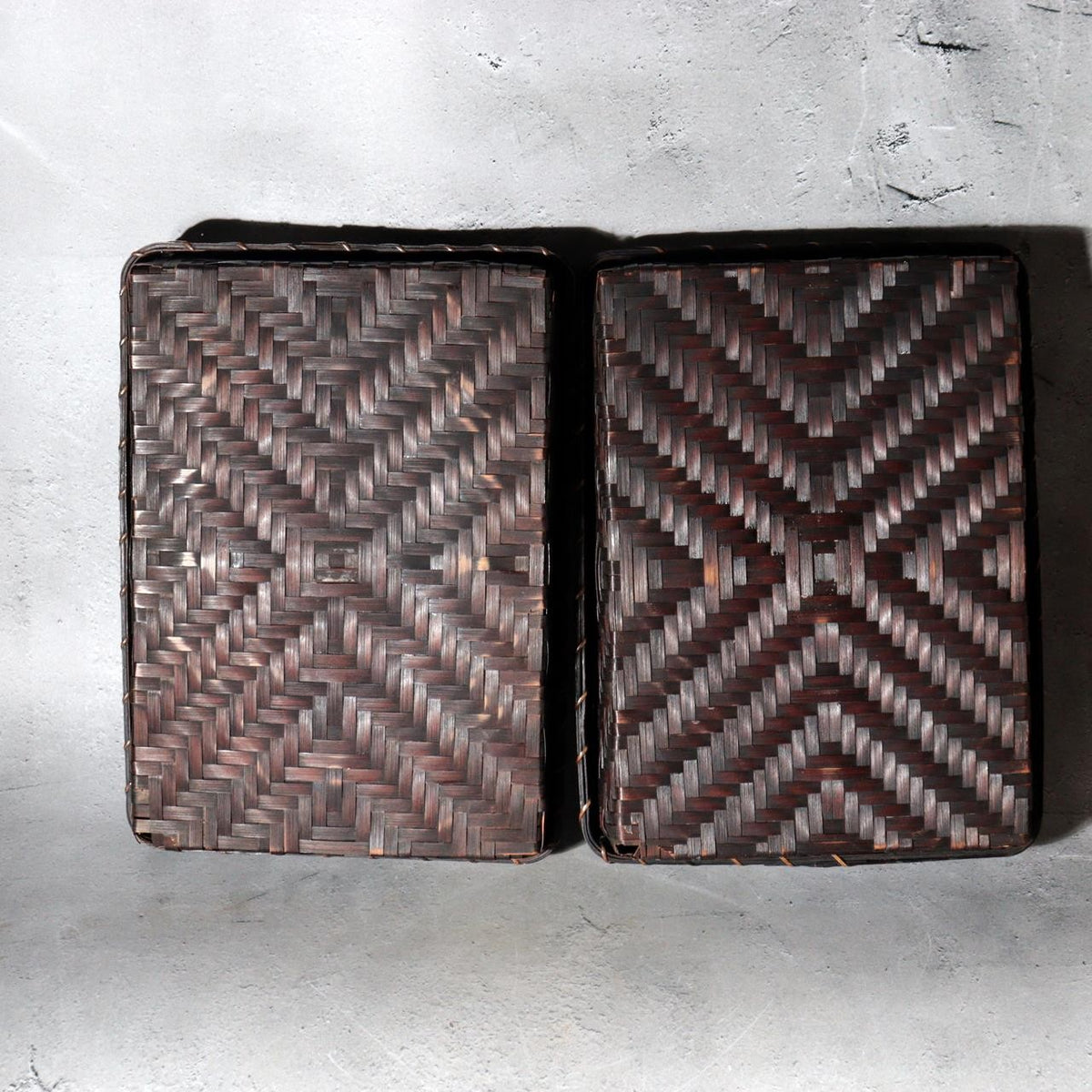 Vintage Japanese Bamboo Woven Rectangular Box Set of 2 Geometric Pattern Basket1