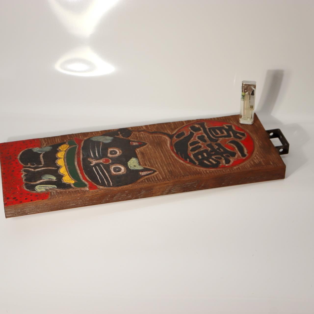 Vintage Japanese Wood Sign Kanban Black Cat Maneki Neko Sincerity Showa Era1