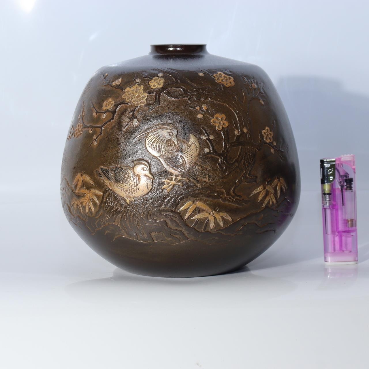 Vintage Takaoka Bronze Vase Ryusen Mandarin Duck Plum Bamboo Pattern BV7601