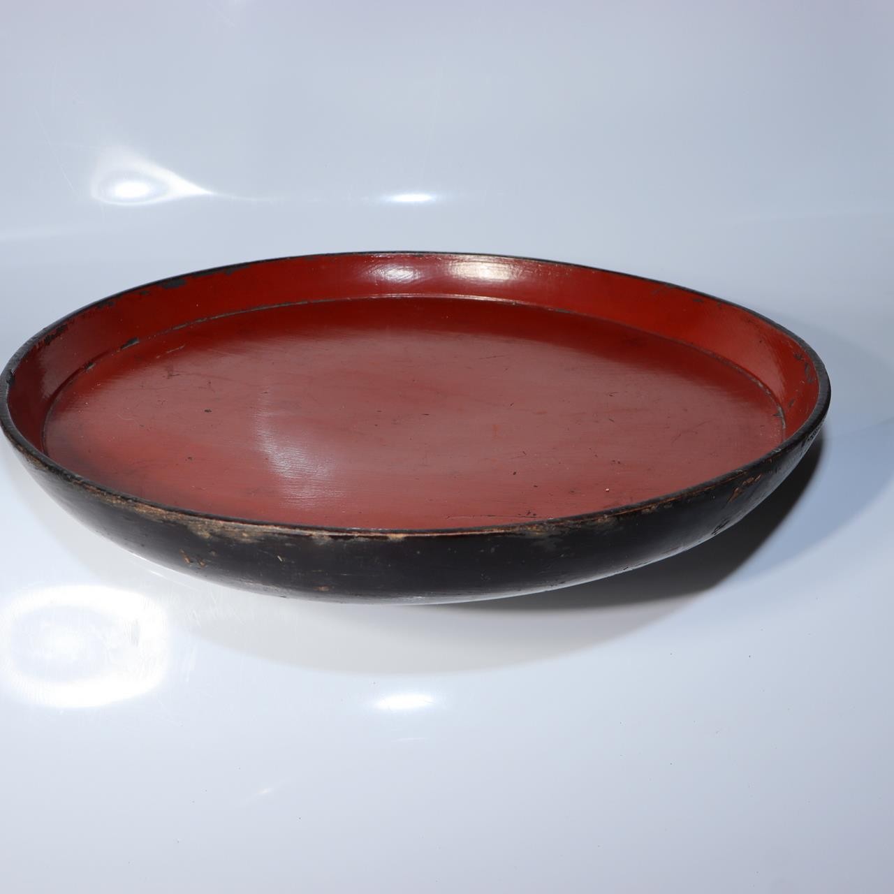 Antique Japanese Aizu Lacquer Round Oval Wooden Serving Tray Warped WO60812