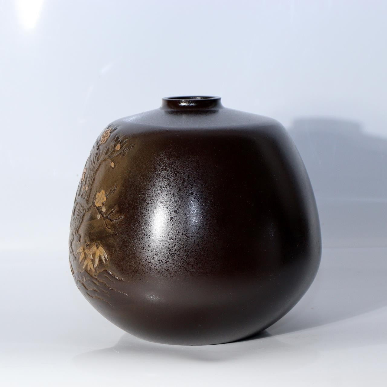 Vintage Takaoka Bronze Vase Ryusen Mandarin Duck Plum Bamboo Pattern BV76010