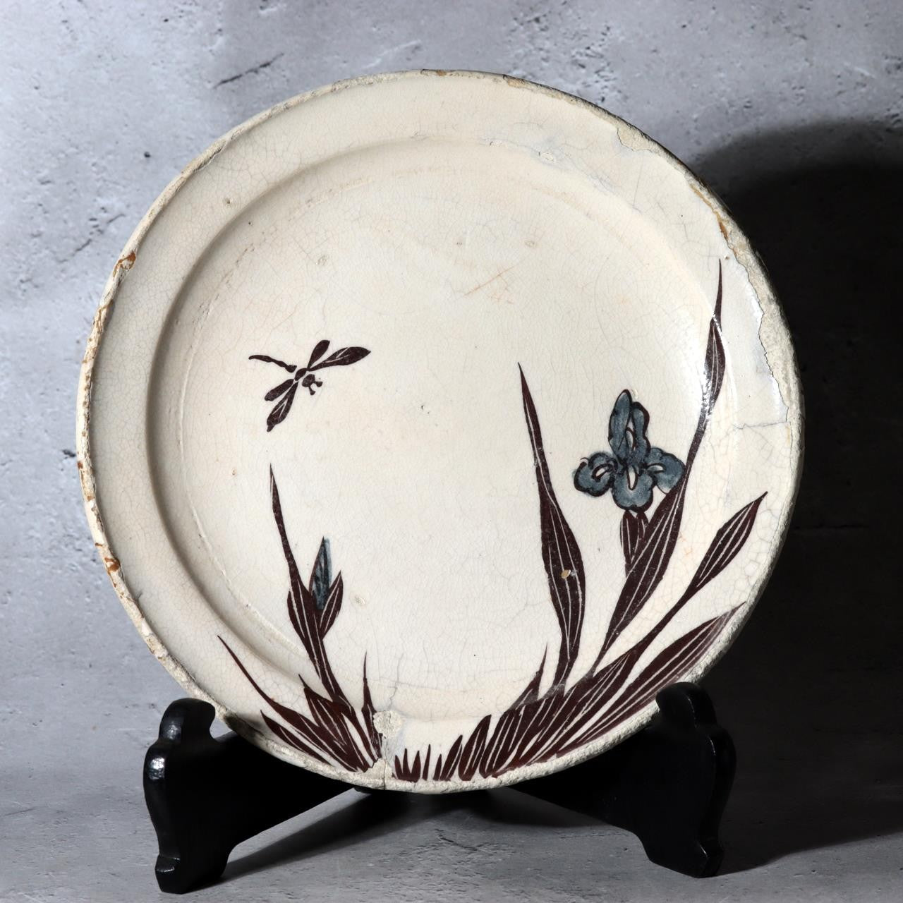 Antique Bakumatsu Seto Ware Ceramic Plate Iris Dragonfly Pattern PCP30