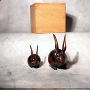 Japanese Bronze Rabbit Pair Okimono Statue Figurine Mottled Red Patina Zen4