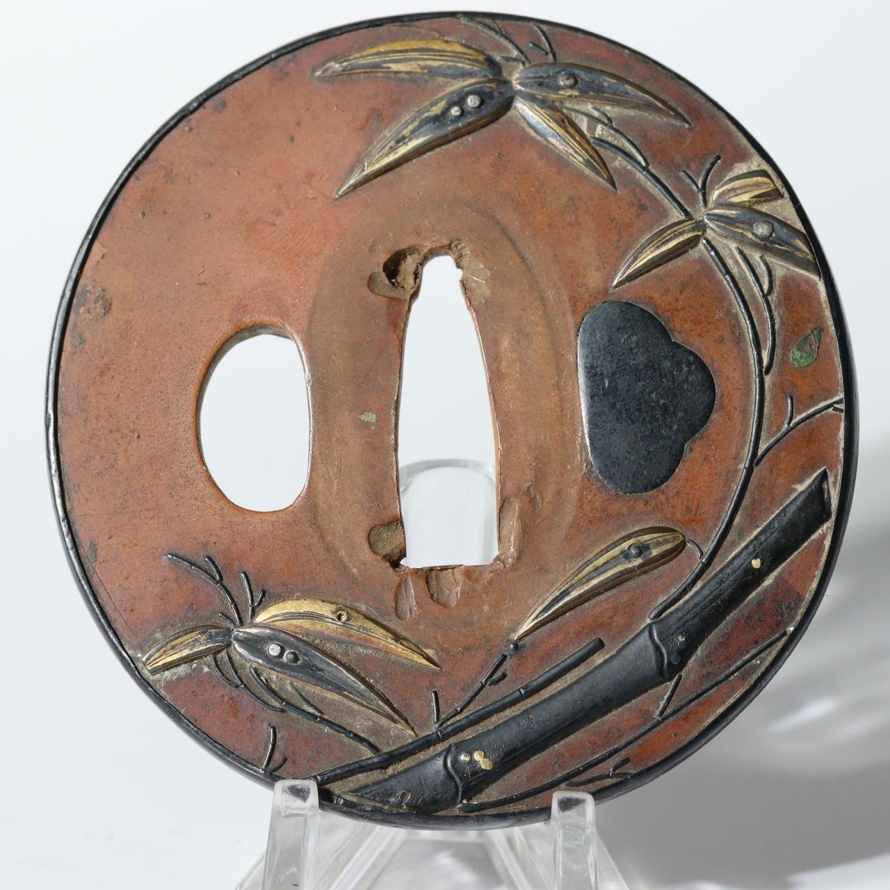 Antique Japanese Copper Gilt Bamboo Motif Tsuba Sword Guard Fukurin Rim STO900