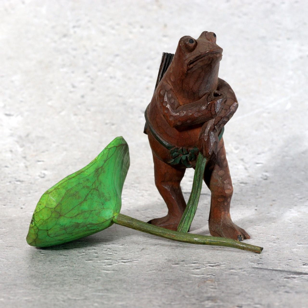 Vintage Japanese Wood Carved Frog with Lotus Leaf Umbrella – WO6557