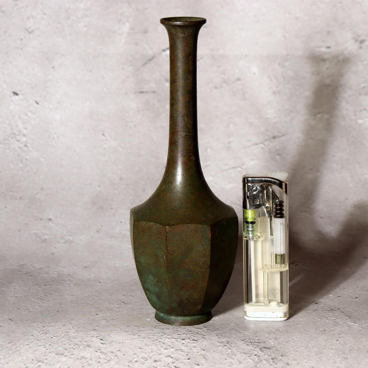 Vintage Japanese Bronze Bud Vase Faceted Hexagon Small Rare Mini Size Zen BV7200