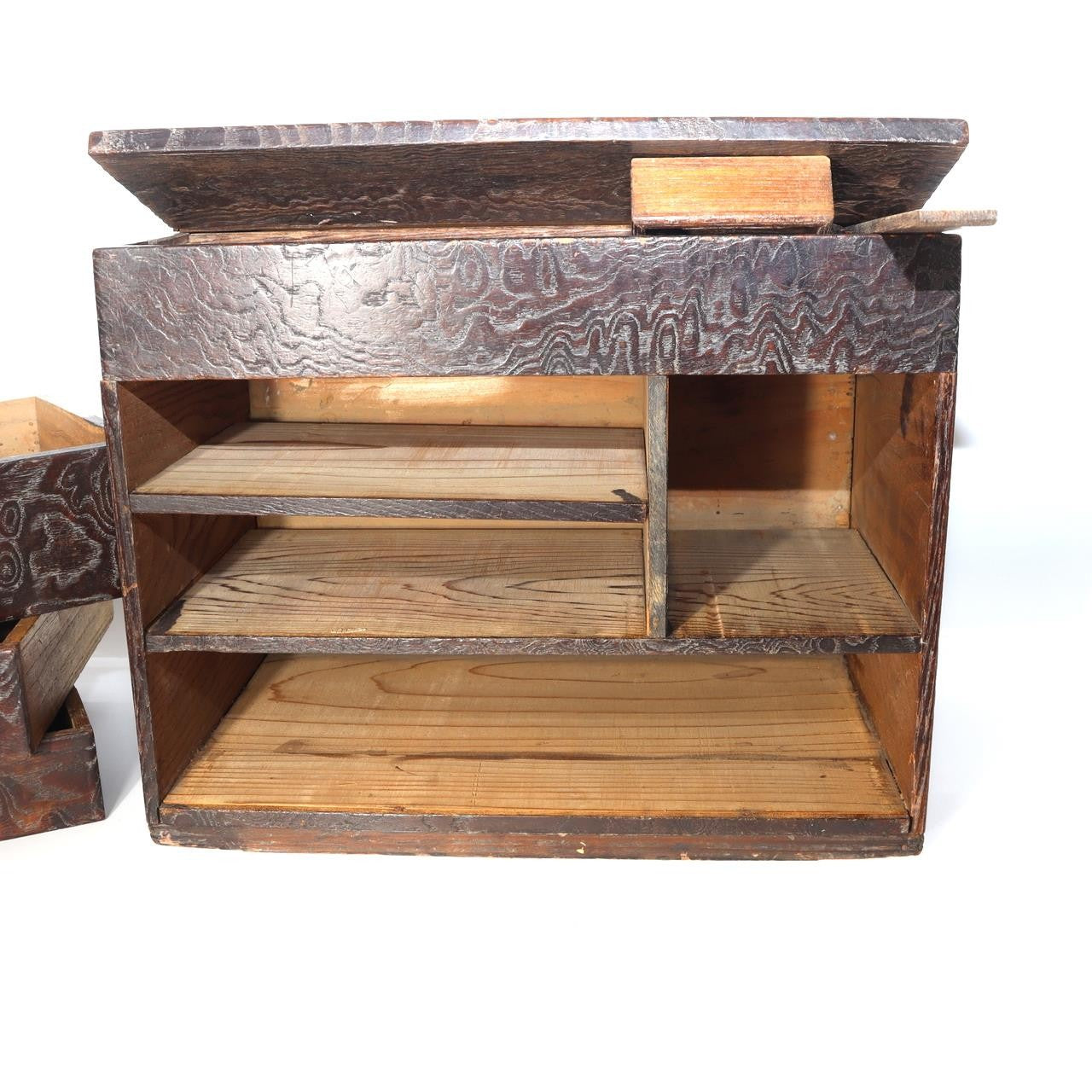 Antique Japanese Haribako Sewing Box Meiji Keyaki/Tamo Wood Brass Hardware Drawe16