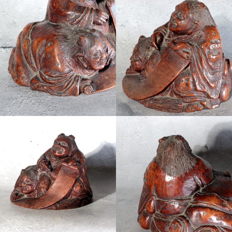 Antique Japanese Bamboo Root Okimono Kanzan Jittoku Hanshan Shide Edo Meiji14